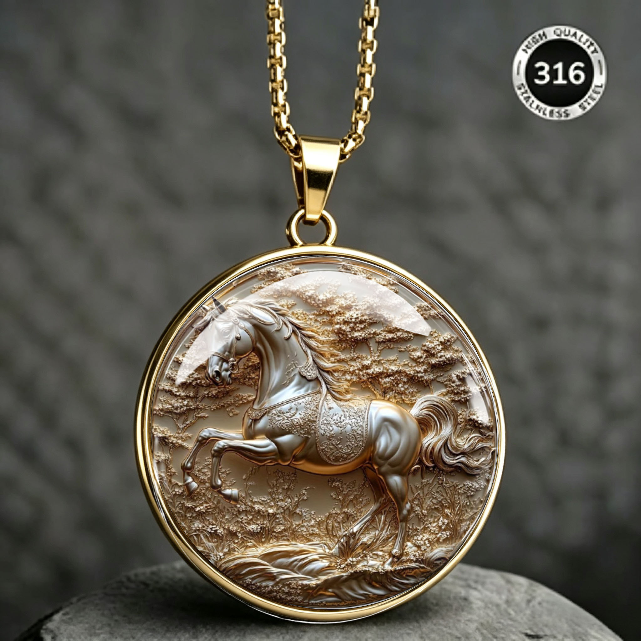 Men's Golden Steed Pattern Stainless Steel Necklace, Animal Pendant